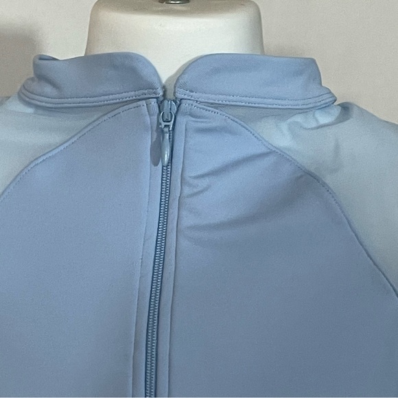 Bloch girls' leotard pastel blue 8-10 zip front cap sleeve sheer embroidery back - Picture 3 of 7